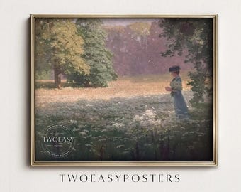 Wildflower Meadow Art Print | Vintage Impressionist Woman Landscape (Digital Download)