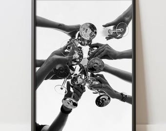 Celebration Champagne Toast Poster Black White Photography Wall Art Party Printable (Digital Download)