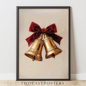 Può includere: Una stampa artistica incorniciata raffigurante due campane in metallo color oro lucido legate insieme da un fiocco in velluto rosso scuro. L'illustrazione è su uno sfondo neutro bianco sporco. Il testo "TWOEASYPOSTERS" è stampato in basso.