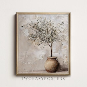 Peut inclure: Impression d'art encadrée représentant un olivier dans un pot rustique. L'œuvre d'art présente une palette de couleurs neutres avec un fond texturé et un cadre doré. Le texte "TWOEASYPOSTERS" est visible.