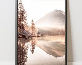 Misty Mountain Lake Poster, Serene Nature Wall Art, Minimalist Nature Print (Digital Download)