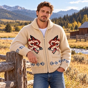 May include: A cream-colored zip-up knit cardigan featuring a shawl collar and two front pockets. The sweater displays a repeating pattern of red and black fox heads on the chest and blue paw prints along the hem and cuffs.