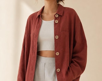Ready to Ship Jade Terracotta Oversized Linen Jacket, Utility Autumn Jacket, Heavy Linen Coat