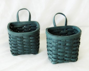 Pair Green Hanging Baskets | Flower Planter Baskets with Handles | Baskets for Plants | Rustic Farmhouse Baskets