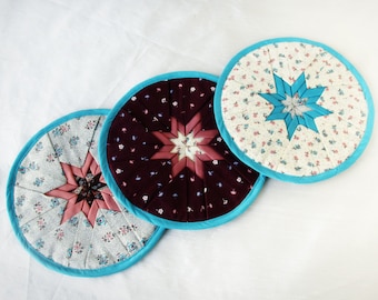 Three Round Teal Trivets |  Vintage Hot Pads | Quilted Linen Set | Round Kitchen Linens | Star Trivets