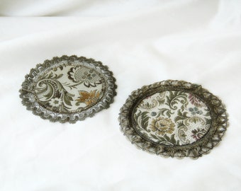 Pair of Round Linens Yellow and Olive Floral | Small Table Linens with Flowers | Vintage Home Decor Linens | Floral Vanity Linens