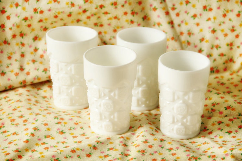 Set of Four White Milk Glass Water Glasses Etsy