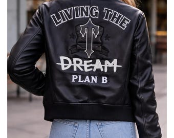 Avirex Inspired Leather Biker Jacket: "Living The Dream Plan B" Graphic Streetwear Coat