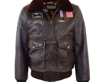 Men’s Brown G1 Bomber Jacket, Air Force Pilot Patches, Maverick Style Leather Coat