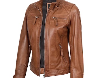 Women's Cafe Racer Style Tan Brown Leather Jacket – A Classic Biker Look with Timeless Appeal