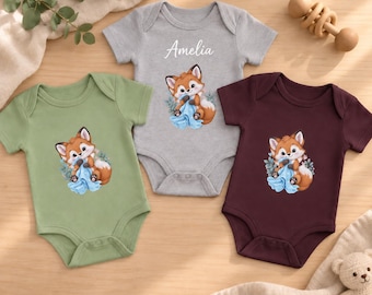 Watercolor Woodland Fox Baby Bodysuit, Optional Custom Name