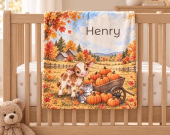 Personalized Baby Blanket with Name, Autumn Farm Animals