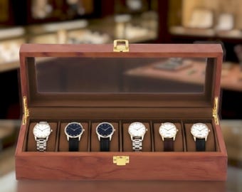 Wooden Watch Display Case with Glass Top, 6 Compartment Velvet Lined Vintage Watch Storage Box