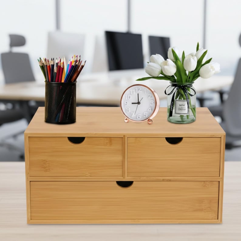 Bamboo Desktop Storage Organizer With Drawers, Mini Cabinet for Makeup ...
