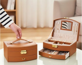 Luxury Handheld Jewelry Box with Multi-Layer Drawers, Ring Earring Necklace Organizer, Portable Storage Case