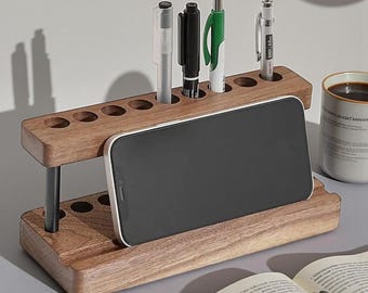 Minimalist Wooden Pen Holder Desk Organizer with 9 Compartments Cell Phone Stand