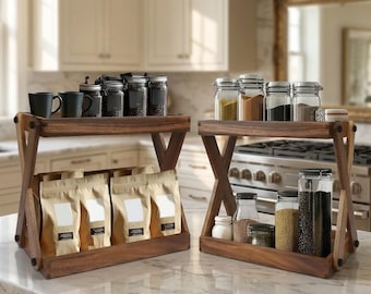 Double Layer Wooden Storage Shelf, Solid Wood Kitchen Spice Rack, Retro Bathroom Countertop Organizer