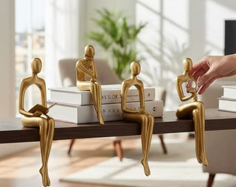 Modern Gold Thinker Figurine – Artistic Bookshelf Sculpture for Living Room, Table, Shelf & Desk Decor