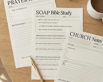 Printable Bible Study Bundle, SOAP Bible Study Method, Sermon Notes, Church Notes & Prayer Journal PDF, Christian Faith Planner
