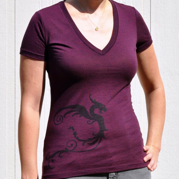 Black Dragon Print on Dark Purple V-neck T-shirt - Women's S, M, L - Made to Order