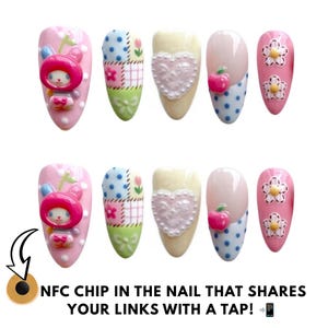 May include: A set of ten press-on nails featuring various designs including a pink rabbit character, patchwork patterns, a white heart, blue polka dots with a red apple, and white flowers. Text reads: NFC CHIP IN THE NAIL THAT SHARES YOUR LINKS WITH A TAP!