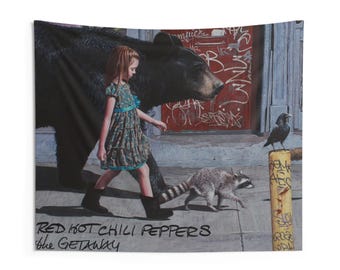 May include: A tapestry featuring artwork from the Red Hot Chili Peppers album "The Getaway." The image depicts a young girl walking alongside a bear, with a raccoon and a crow in the scene. The background includes a red door and graffiti.