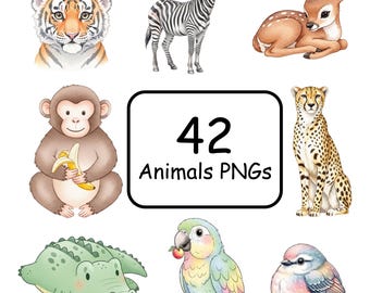 Cute Safari Animals Clipart Watercolor PNG, Baby Jungle Animals Clipart, Elephant Lion Giraffe Zebra, Nursery Safari Clipart, Commercial Use
