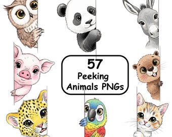 Watercolor Peeking Animals PNG Bundle | Panda, Leopard, Owl, Parrot Clipart (Digital Download)