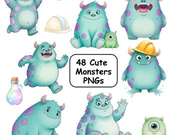 Monsters Inc Watercolor Clipart Bundle PNG, Monsters Inc Clipart, Mike Sulley Boo Birthday Party Clipart, Cute Monsters Inc Characters PNG