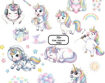 Cute Unicorn PNG Bundle | Watercolor Unicorn Clipart | Astronaut Unicorn, Rockstar, Sleepy Unicorn PNG | Digital Download