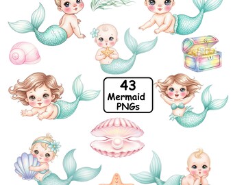 Little Mermaid Kids • Watercolor Digital Kit • Under the Sea and Characters, Cute Watercolor Little Mermaid Digital Kit •