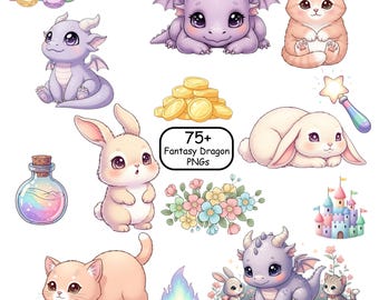 Fantasy Dragon Clipart Bundle | Watercolor Baby Dragons, Kittens, Bunnies (Digital Download)