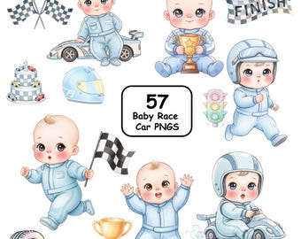 Baby Race Car Clipart Watercolor PNG, Cute Race Car Driver Clipart, Boy Birthday Racing Clipart, Kids Racing Car Bundle, Baby Shower PNG