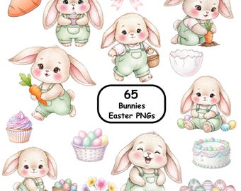 Easter Bunny Watercolor Clipart • Cute Digital Kit • 300 DPI PNG, Cute Bunny Easter Clipart • Candy Colors Digital Bundle
