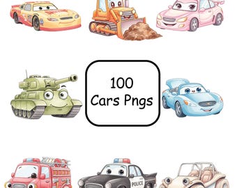 Cars Watercolor Clipart Bundle PNG, Cars Clipart, Cute Cars Birthday Party Clipart, Cute Cars Characters PNG