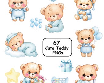 Blue Teddy Bear Clipart, Teddy Bear PNG, Baby Blue Teddy Bear Clipart, Cute Bear Boy Clipart, Baby Shower Boy Clipart, Watercolor Teddy Bear