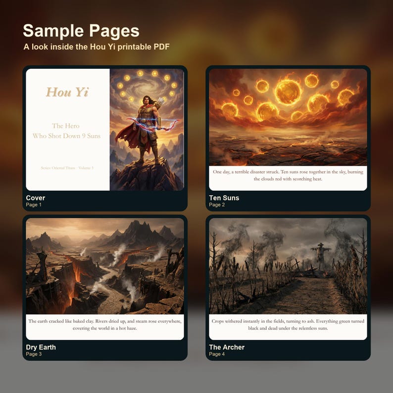 May include: A digital product sample page layout with the title "Sample Pages" and the text "A look inside the Hou Yi printable PDF." The pages include illustrations and text from a fantasy story.