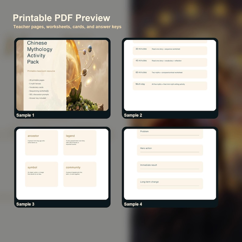 Pu&ograve; includere: Un'anteprima di un pacchetto PDF stampabile sulla mitologia cinese. Il pacchetto include pagine per insegnanti, fogli di lavoro, schede e chiavi di risposta. L'anteprima mostra pagine di esempio con attivit&agrave; e suggerimenti di vocabolario.