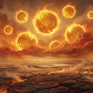 May include: A digital artwork showing a fiery landscape with multiple suns or celestial bodies. The image features a dramatic sky filled with glowing orbs and swirling clouds, above a cracked, lava-filled terrain. The colour palette is dominated by shades of orange, red, and yellow.