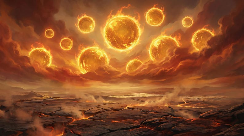 May include: A digital artwork showing a fiery landscape with multiple suns or celestial bodies. The image features a dramatic sky filled with glowing orbs and swirling clouds, above a cracked, lava-filled terrain. The colour palette is dominated by shades of orange, red, and yellow.
