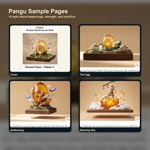 Peut inclure: Image de "Pangu Sample Pages" avec quatre illustrations. En haut &agrave; gauche, une couverture de livre avec un &oelig;uf. En haut &agrave; droite, un &oelig;uf sur une base en bois. En bas &agrave; gauche, un &oelig;uf avec une figurine &agrave; l'int&eacute;rieur. En bas &agrave; droite, un g&eacute;ant.