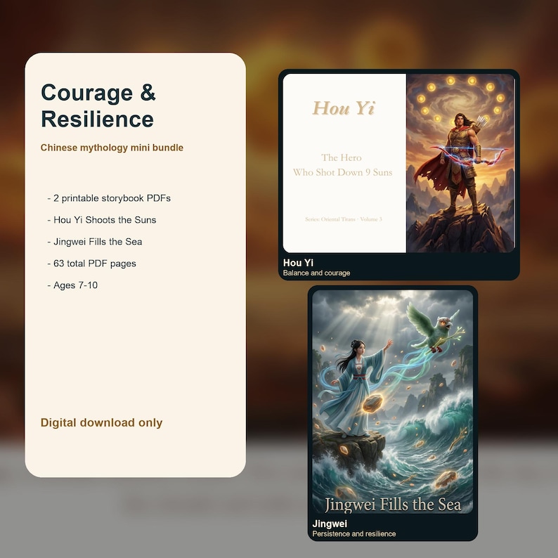 May include: A digital download bundle of Chinese mythology stories. The bundle includes two printable storybook PDFs: "Hou Yi Shoots the Suns" and "Jingwei Fills the Sea." The cover art depicts illustrations of the stories. Suitable for ages 7-10.