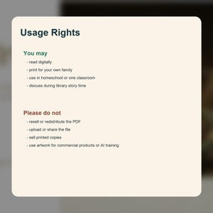 Pu&ograve; includere: Un documento digitale con il titolo "Diritti di utilizzo" in un rettangolo bianco arrotondato. Il testo elenca ci&ograve; che l'utente pu&ograve; fare, come leggere digitalmente e stampare per la famiglia, e ci&ograve; che non pu&ograve; fare, come rivendere o utilizzare commercialmente.