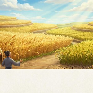 May include: Illustration of a group of people in traditional clothing in a golden wheat field. The sky is blue with clouds and sunlight. The wheat field is terraced and winding.