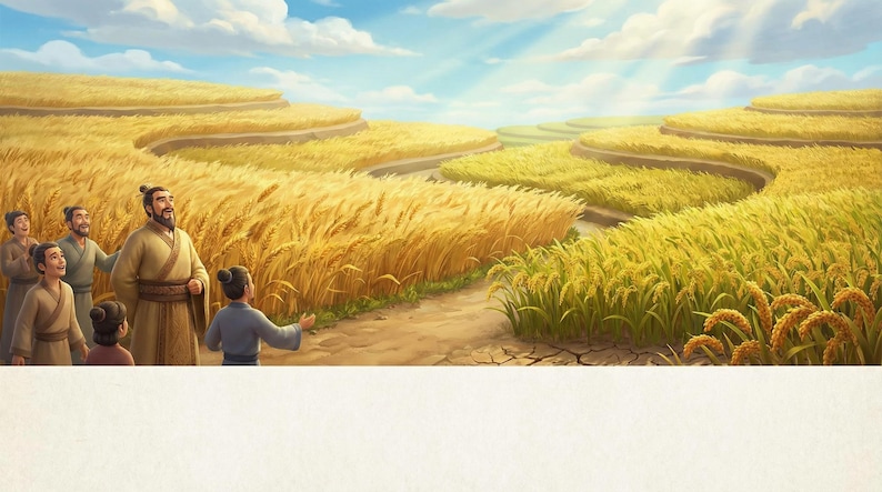 May include: Illustration of a group of people in traditional clothing in a golden wheat field. The sky is blue with clouds and sunlight. The wheat field is terraced and winding.
