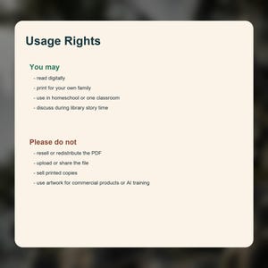 Peut inclure: Graphique cr&egrave;me avec le titre "Usage Rights" en vert fonc&eacute;. Le texte d&eacute;taille les utilisations autoris&eacute;es, telles que la lecture num&eacute;rique et l'impression pour la famille, et les actions interdites, comme la revente ou l'utilisation &agrave; des fins commerciales.