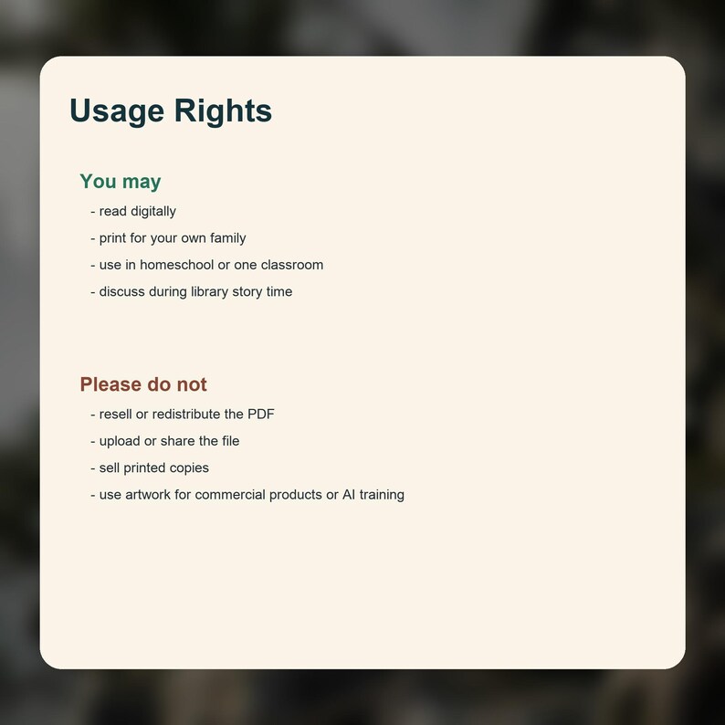 Peut inclure: Graphique cr&egrave;me avec le titre "Usage Rights" en vert fonc&eacute;. Le texte d&eacute;taille les utilisations autoris&eacute;es, telles que la lecture num&eacute;rique et l'impression pour la famille, et les actions interdites, comme la revente ou l'utilisation &agrave; des fins commerciales.