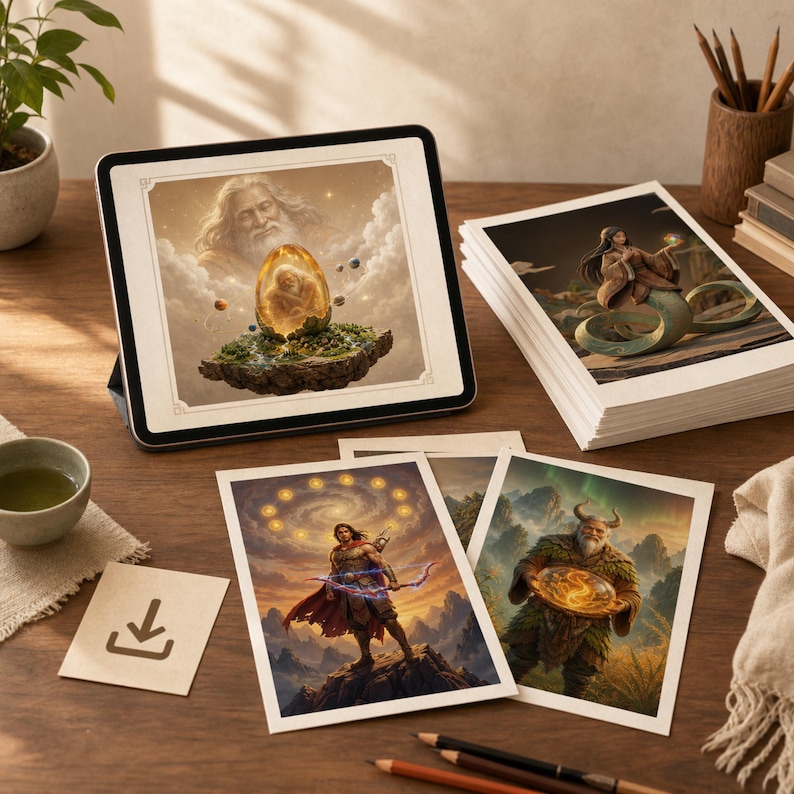 May include: A digital tablet displays a fantasy art print of a deity and an egg. Several art prints are stacked nearby, featuring similar fantasy illustrations. A small download icon is visible on a card.