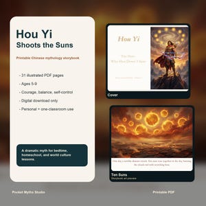 May include: A digital PDF storybook, "Hou Yi Shoots the Suns", featuring Chinese mythology. The cover depicts a hero with a bow. The book contains 31 illustrated pages, aimed at ages 5-9, focusing on courage and self-control. Digital download available.