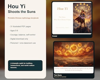 Hou Yi Shoots the Suns Printable Storybook PDF | Chinese Mythology for Kids | Balance, Courage & Self-Control